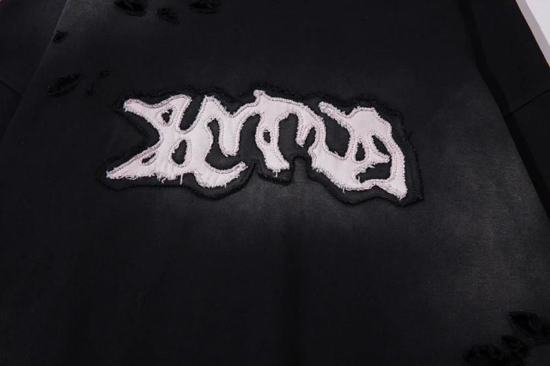 Moletom com capuz masculino vintage, bordado, rasgado, com pintura spray e efeito desgastado, estilo moderno e despojado. — foto 17