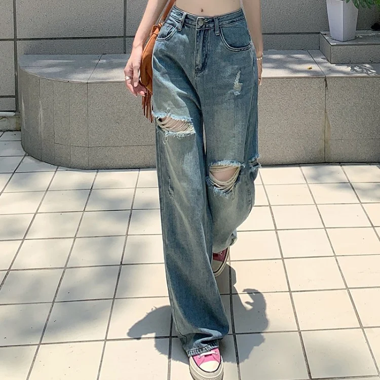 Calças Jeans Rasgadas Lavadas Perna Larga Conforto e Estilo Descontraído Caimento Amplo Perfeitas para um Visual Moderno e Casual Versáteis para Todas as Ocasiões — foto 9