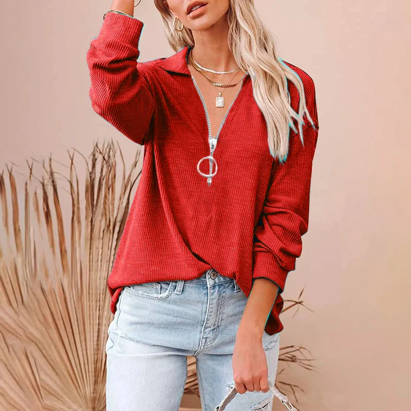 Casual Solid Color Loose V-neck Long-sleeved Threaded T-shirt — photo 12