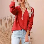 Casual Solid Color Loose V-neck Long-sleeved Threaded T-shirt — photo 12