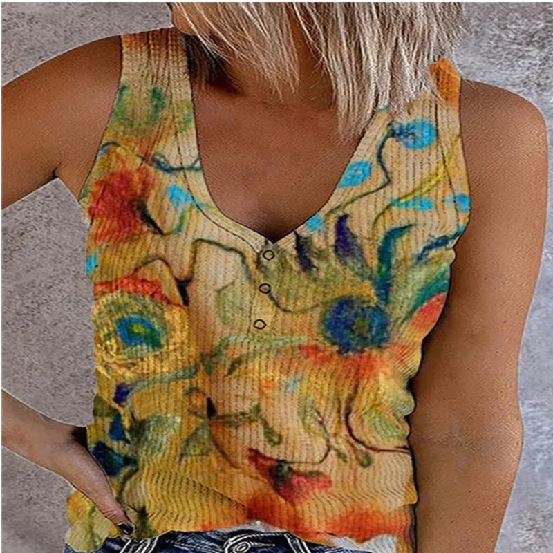 Ladies Button Vest Printed V-neck Sleeveless T-Shirt Top — photo 5