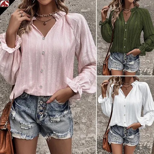 Title 2, Camisa listrada com gola semiaberta e manga com...