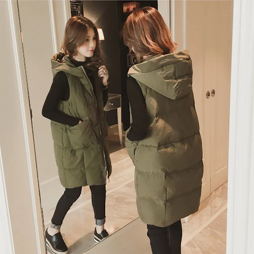 Title 6, Mid-length Black Hooded Down Cotton Vest Coat