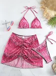 Costume da bagno a tre pezzi con gonna avvolgente in rete con coulisse e stampa. Perfetto per la spiaggia o la piscina, elegante e confortevole. — foto 5