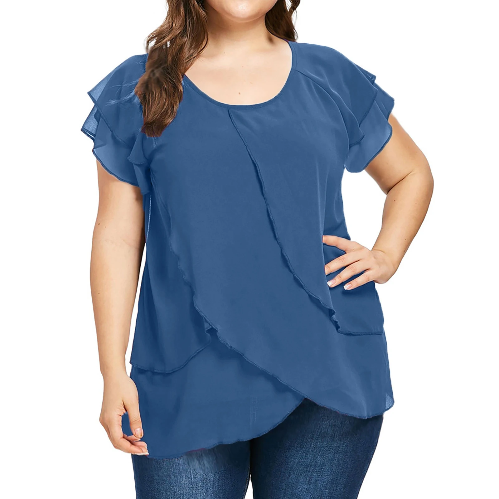 Women's Solid Color Chiffon Round Neck Multi-layer Stitching Short-sleeved Split Top — photo 5