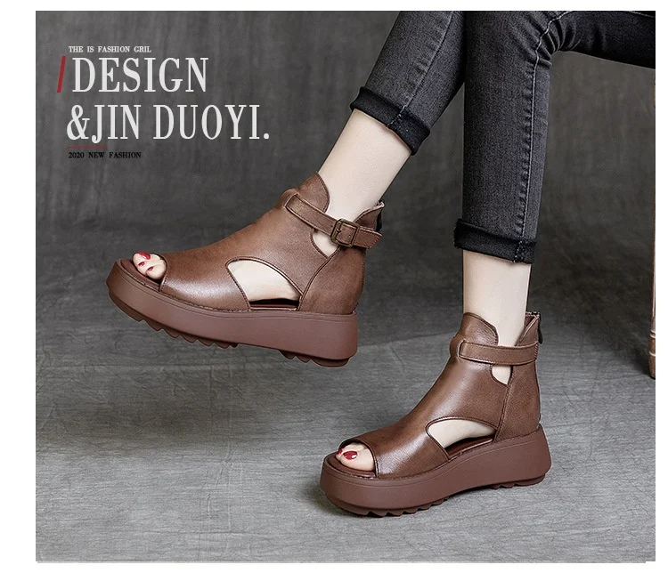 Summer New Retro First Layer Cowhide Back Empty Peep Toe Sandals for Women. Stylish and comfortable footwear for warm we — photo 6