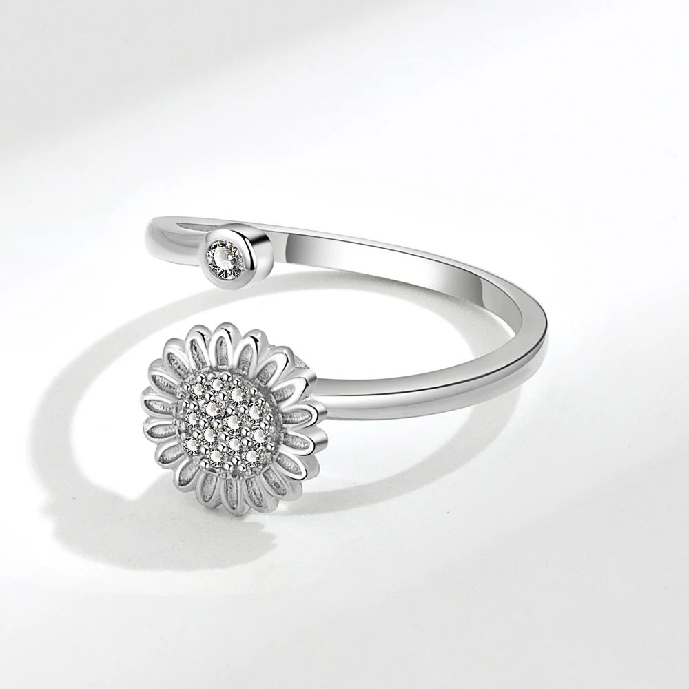 Anel giratório de girassol ajustável, simples e com diamantes. Adicione um toque de elegância e gire para aliviar o stress. — foto 3