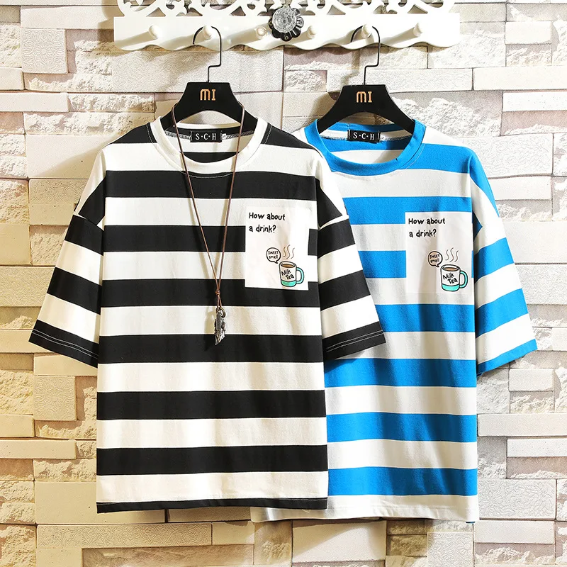 Nova moda masculina listrada em torno do pescoço de manga curta camiseta — foto 6