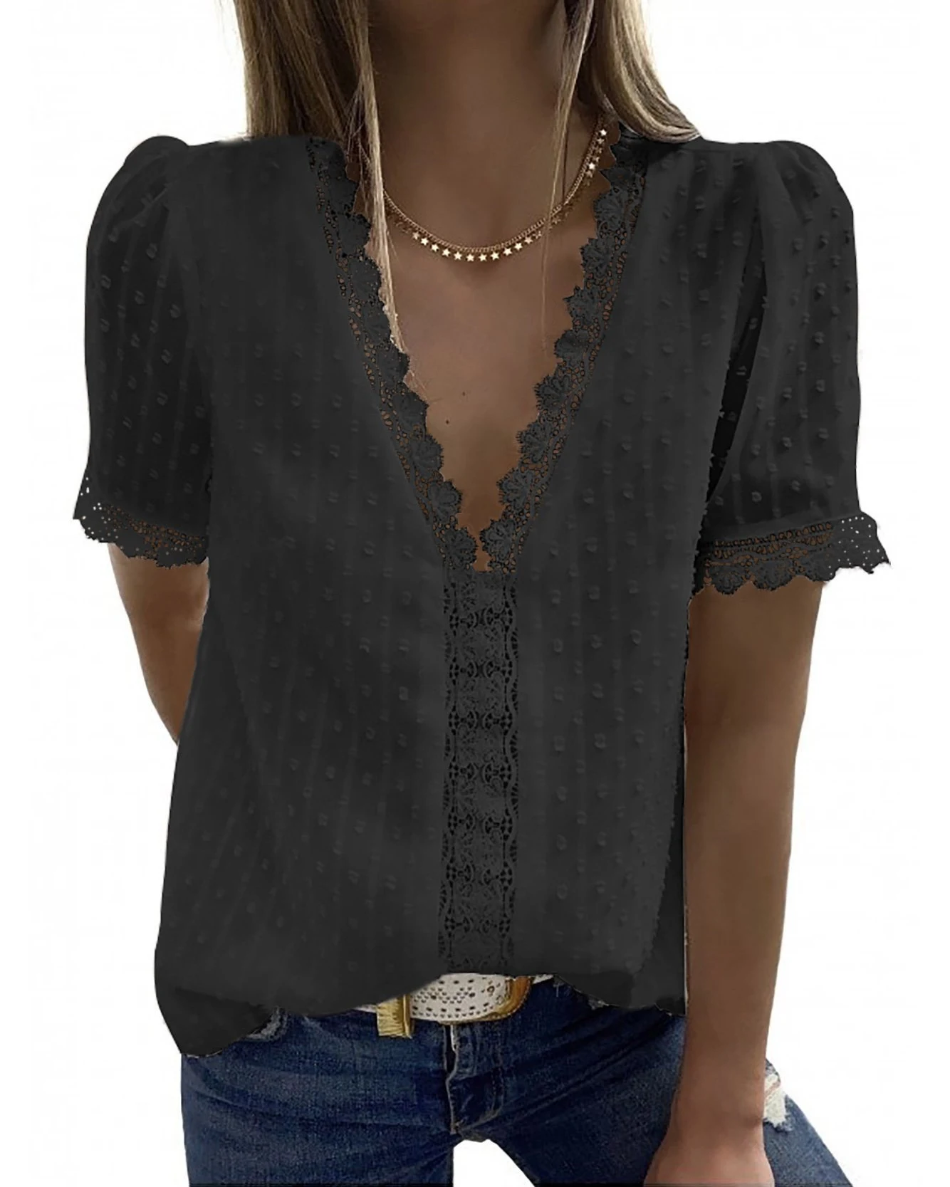Title 4, Womens V-Neck Short Sleeve Panel Lace Chiffon Top