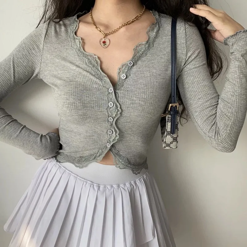 Title 4, Lace-trimmed V-neck Paneled Long-sleeve T-shirt...