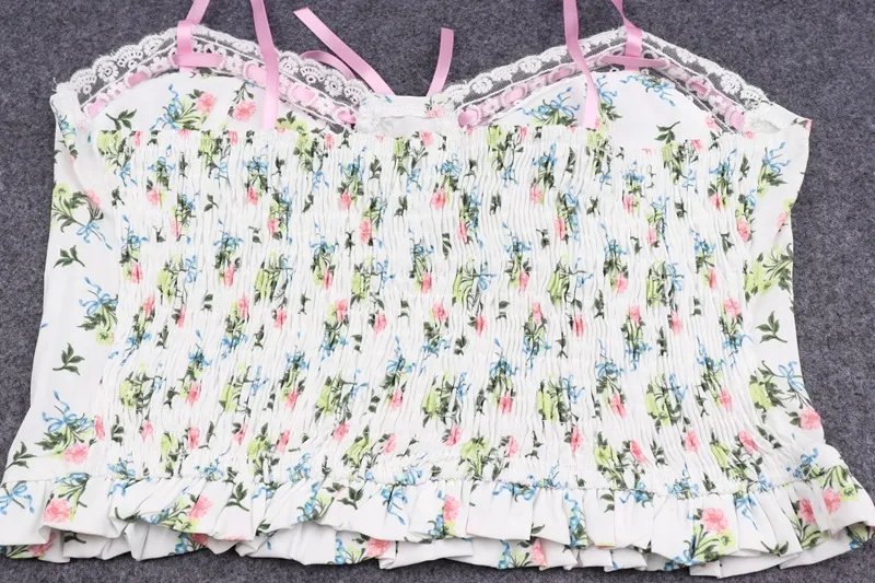Title 14, Printed Lace Stitching Bow Slim-Fit Camisole Top