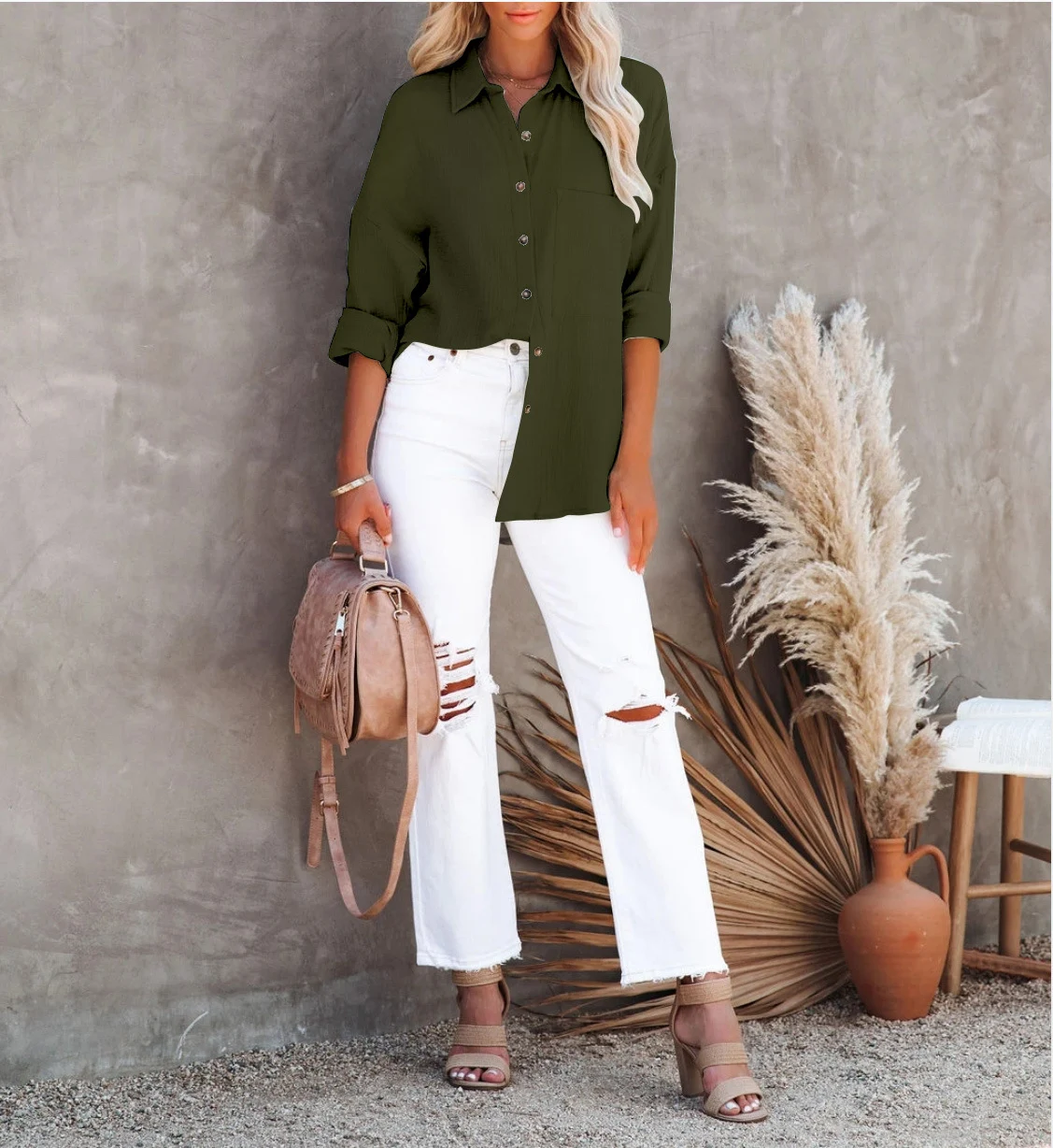 Title 19, Womens V Neck Button Cotton Linen Shirt, breat...