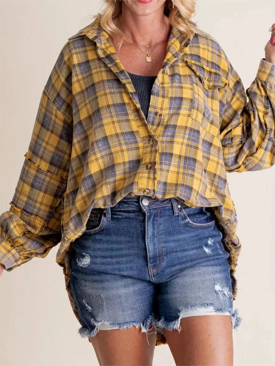 Title 12, Tassel Long Sleeve Top Loose Casual Plaid Shirt...
