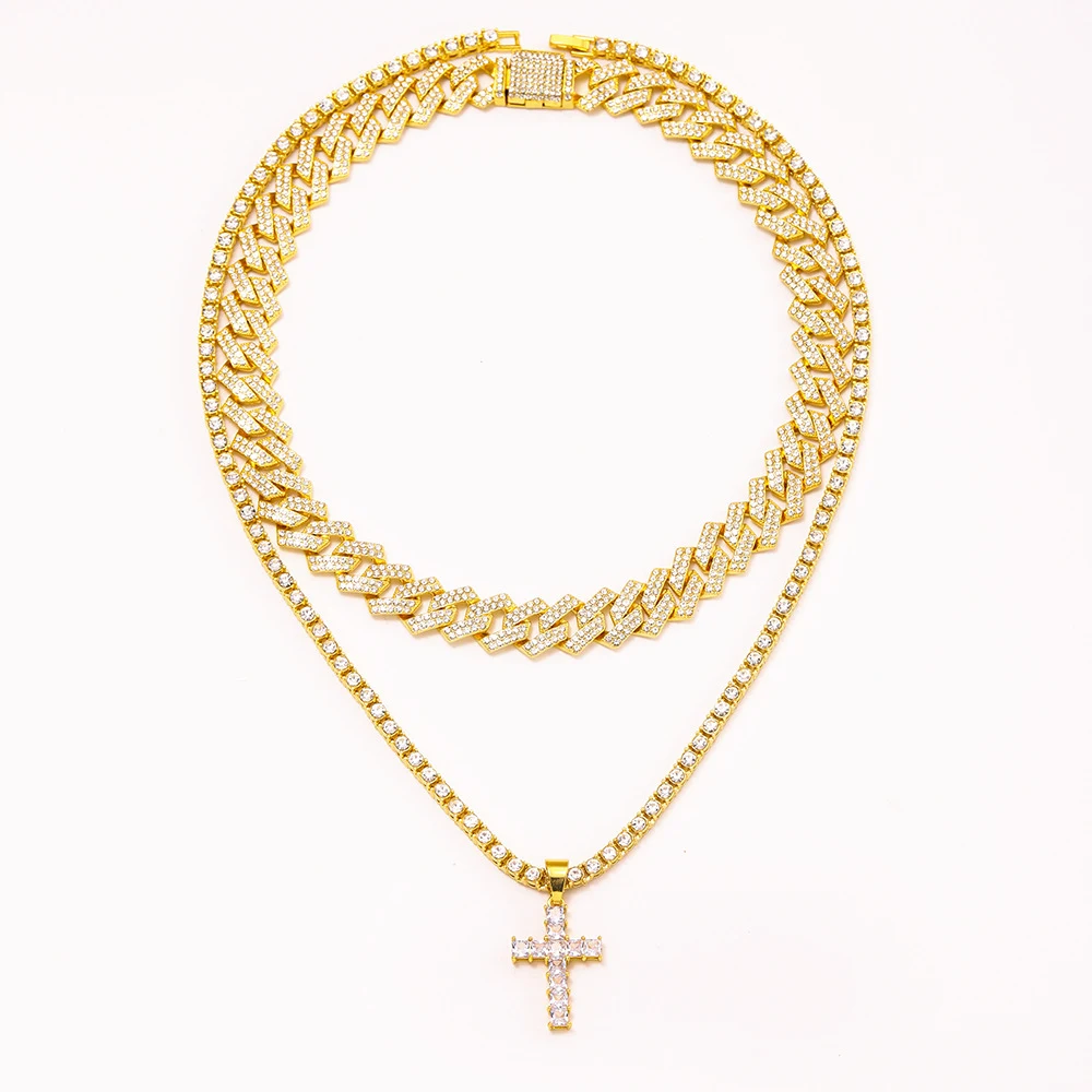 Colar Pingente Cruz Zircônia Hip Hop Corrente Cubana Miami Completa Iced Out Strass Brilhante Colares para Rapper. — foto 7