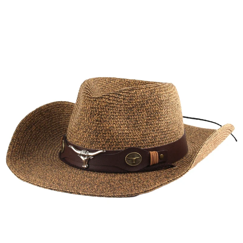 Chapéu de palha western cowboy em cores mistas, perfeito para sol, estilo e aventura, oferecendo proteção e um visual autêntico. — foto 5