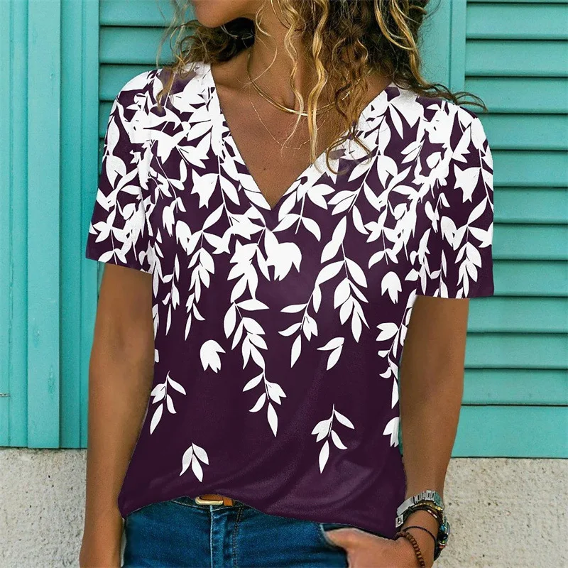 Estilo feminino estampado de manga curta com decote em V solto — foto 1