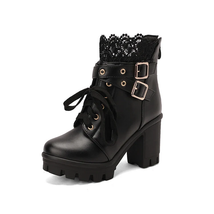 Lace Ankle Boots Lace-up Square Heeled Shoes Women White Black Boots – stylish and comfortable footwear for various occa — photo 2