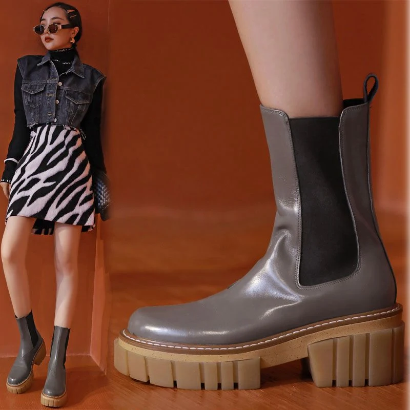 Title 3, Round Toe High Heeled Leather Platform Retro Ma...