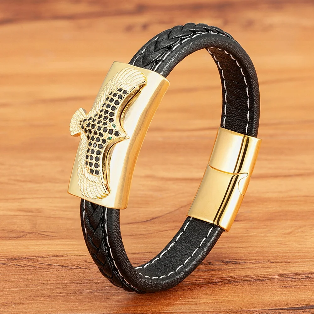 Pulseira de couro trançado com caveira de águia vintage em aço inoxidável, um acessório estiloso e durável para homens que apreciam um visual marcante. — foto 6