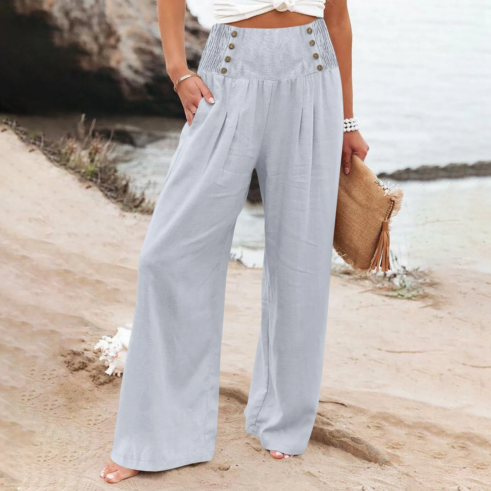 Title 3, Womens Casual Elastic High Waist Cotton Linen ...