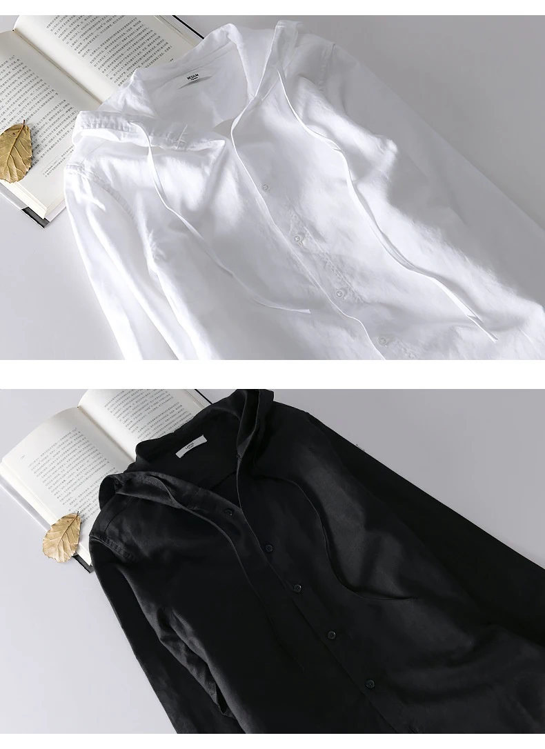 Camicia uomo casual con cappuccio in cotone e lino a manica lunga. Comfort traspirante e stile rilassato, perfetta per un look quotidiano informale. — foto 15