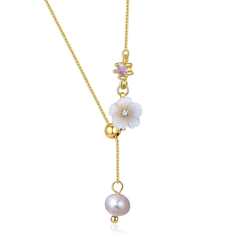 Corrente de clavícula ajustável com pingente de flor de concha e pérolas naturais, elegante e charmosa para mulheres. — foto 1