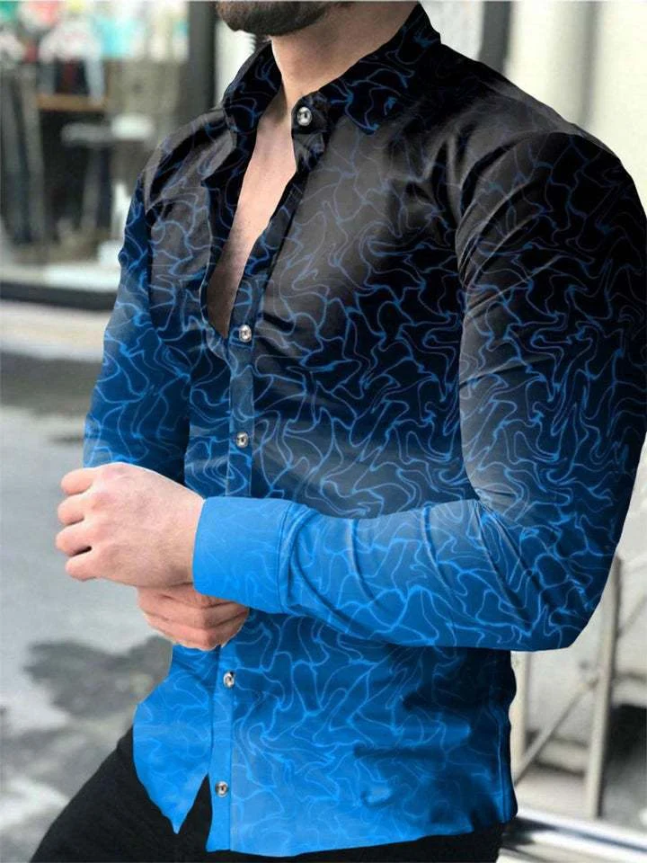 Men's long sleeve shirt with 3D irregular print, slim fit, European and American youth street fashion style, casual and — photo 14