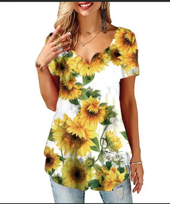 Printed V-neck T-shirt for women, short sleeves, European and American style, perfect for everyday casual wear and comfo — photo 10