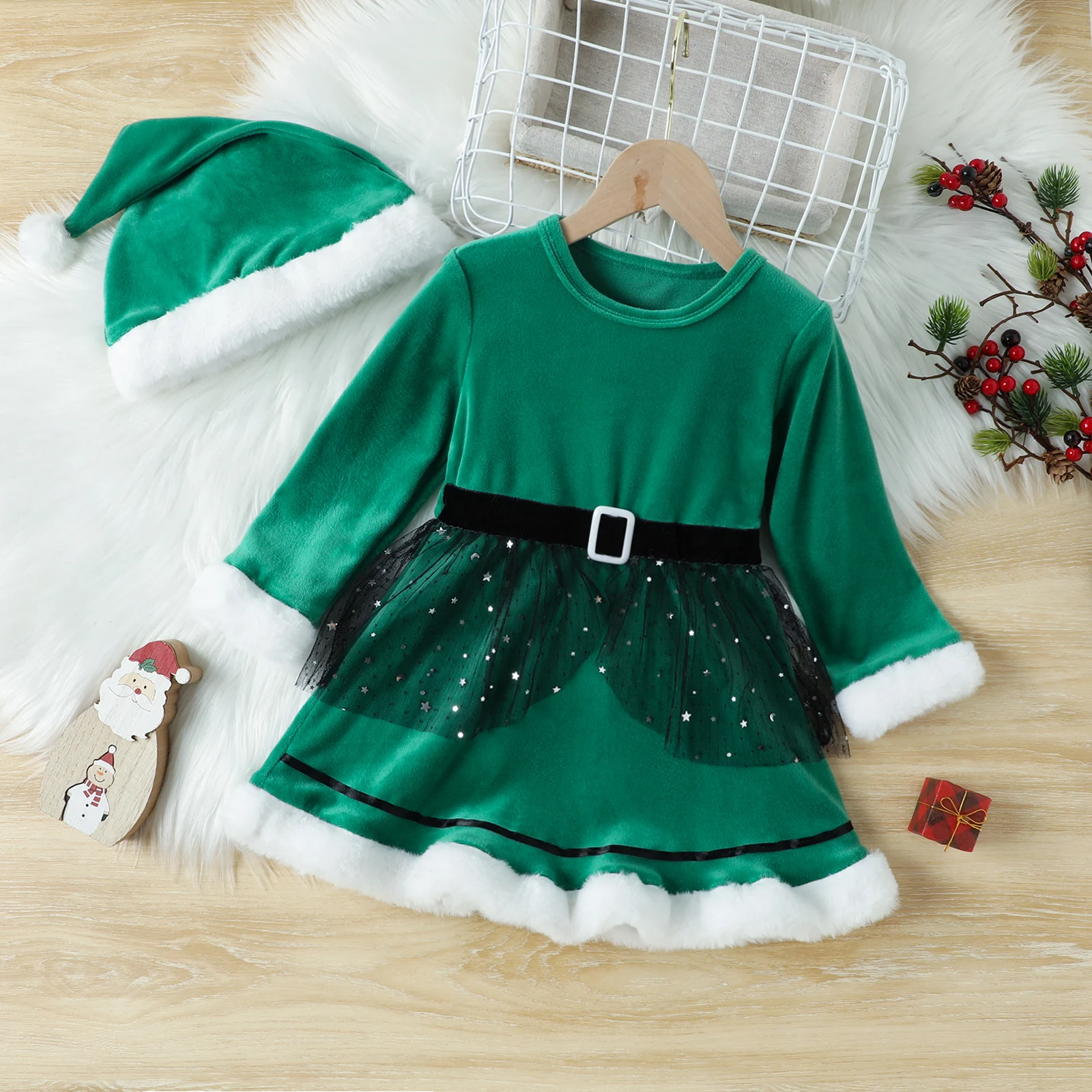 Title 12, Vestido coreano de terciopelo navideño de manga...