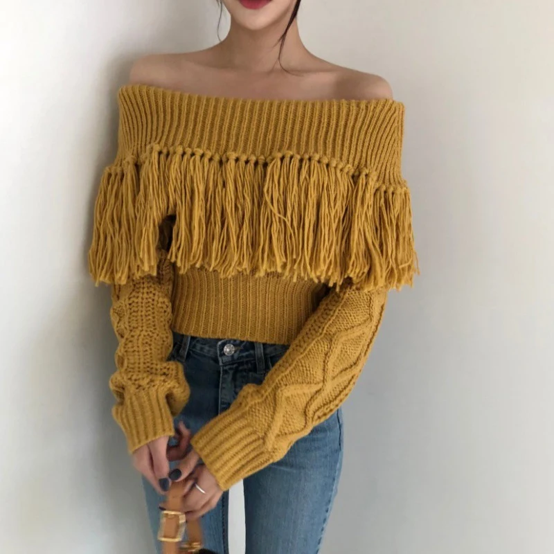 Title 5, Fringed Off-shoulder One-neck Knitted Long-slee...