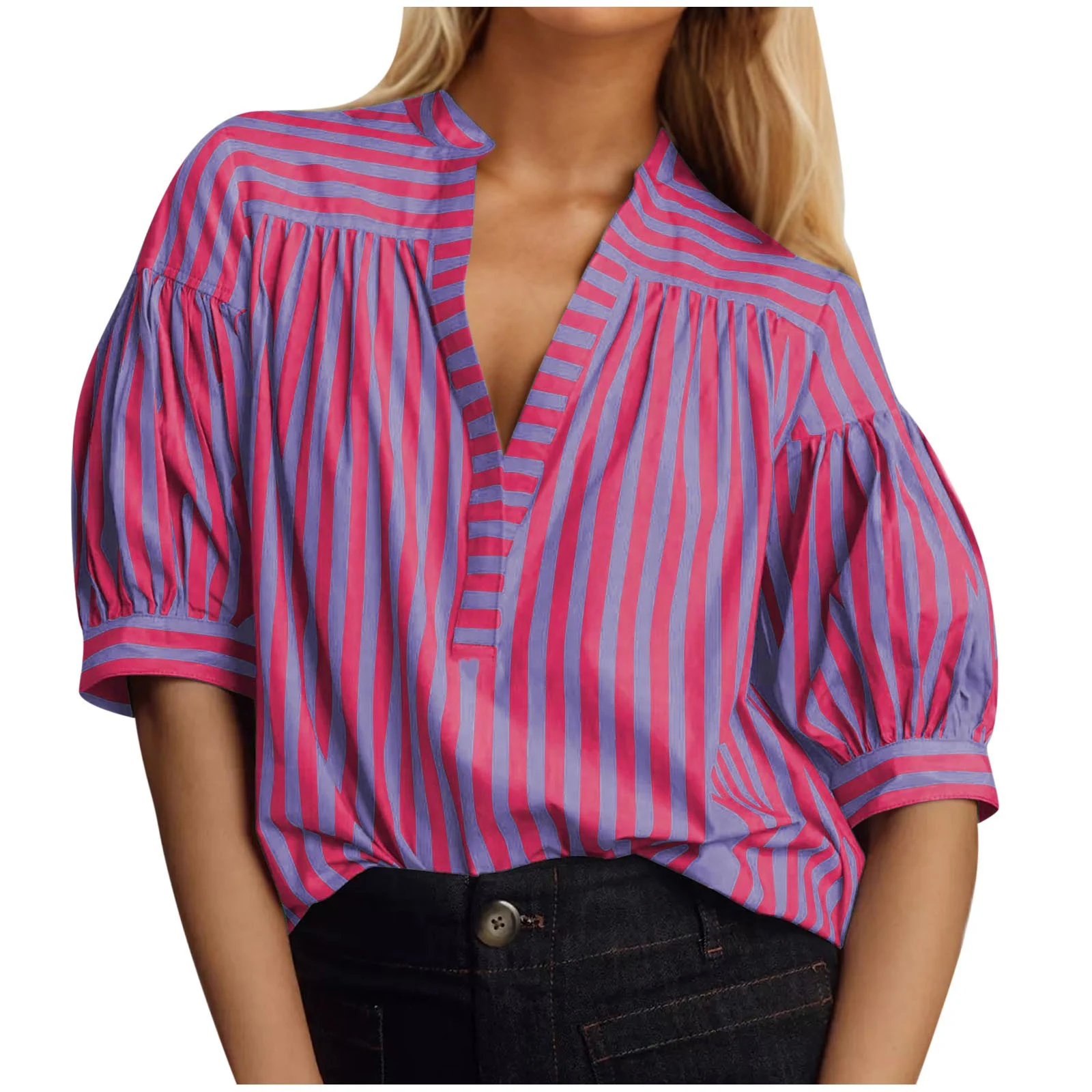 Modieus gestreept shirt met korte mouwen en losse pasvorm, veelzijdig en comfortabel, perfect voor een casual en stijlvolle look, past bij elke outfit. — foto 5