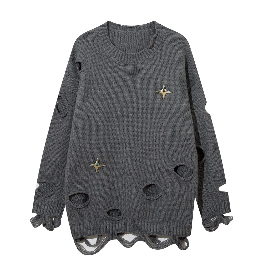 Europees en Amerikaans luie gehaakte ronde hals sweater met scheuren, comfortabel en stijlvol voor een relaxte en trendy look — foto 8