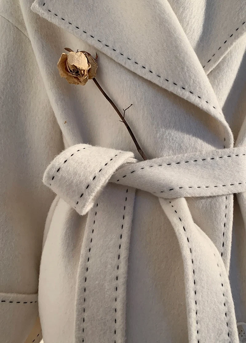 Long Fur Lapel Extended Lace-up Double-faced Woolen Overcoat, a warm and stylish wool coat perfect for cold weather. — photo 27