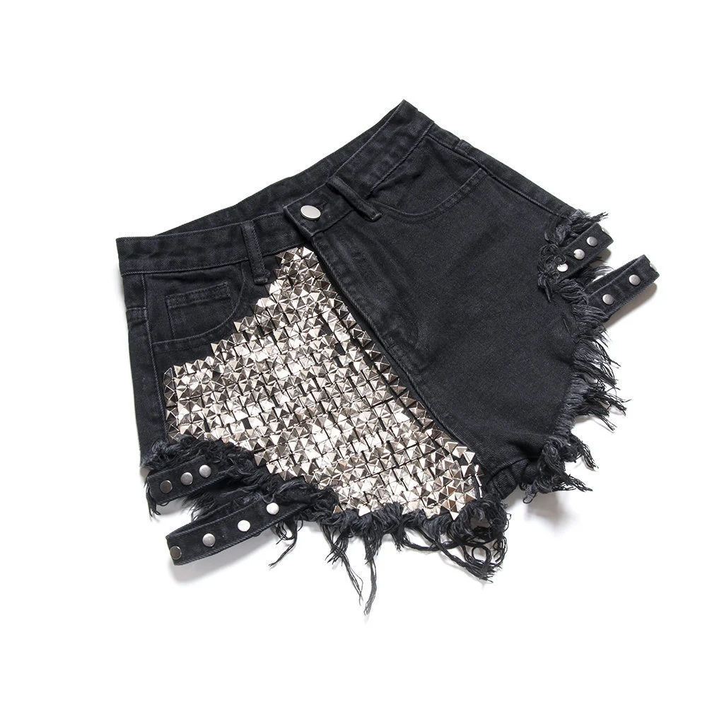 Title 14, Shorts jeans com tachas, cintura alta solta, pe...