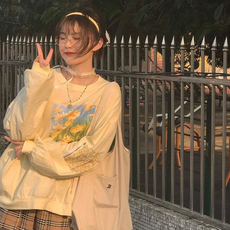 Outono estilo japonês de pintura a óleo flor doce estampada blusa de manga comprida — foto 11
