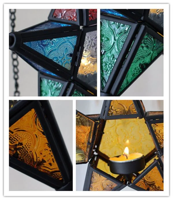 Title 7, Colorful embossed glass Pentagram iron candlest...