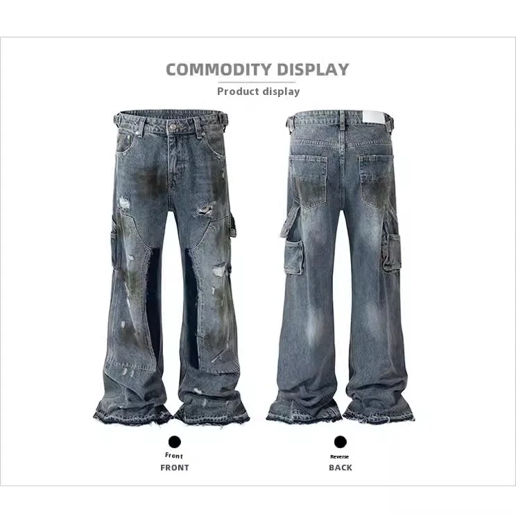 Pantalones sueltos acampanados vaqueros sucios teñidos con barro. Comodidad y estilo bohemio. Perfectos para un look relajado y moderno. — foto 1