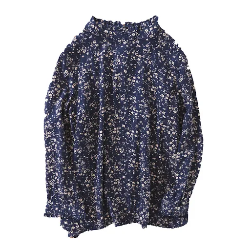 Title 2, Loose Lace Stand-up Collar Floral Full Print, S...