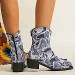 Botas de jeans patchwork para outono e inverno, bico redondo, salto quadrado, zíper traseiro, calçado casual estilo cowboy para mulheres. — foto 1