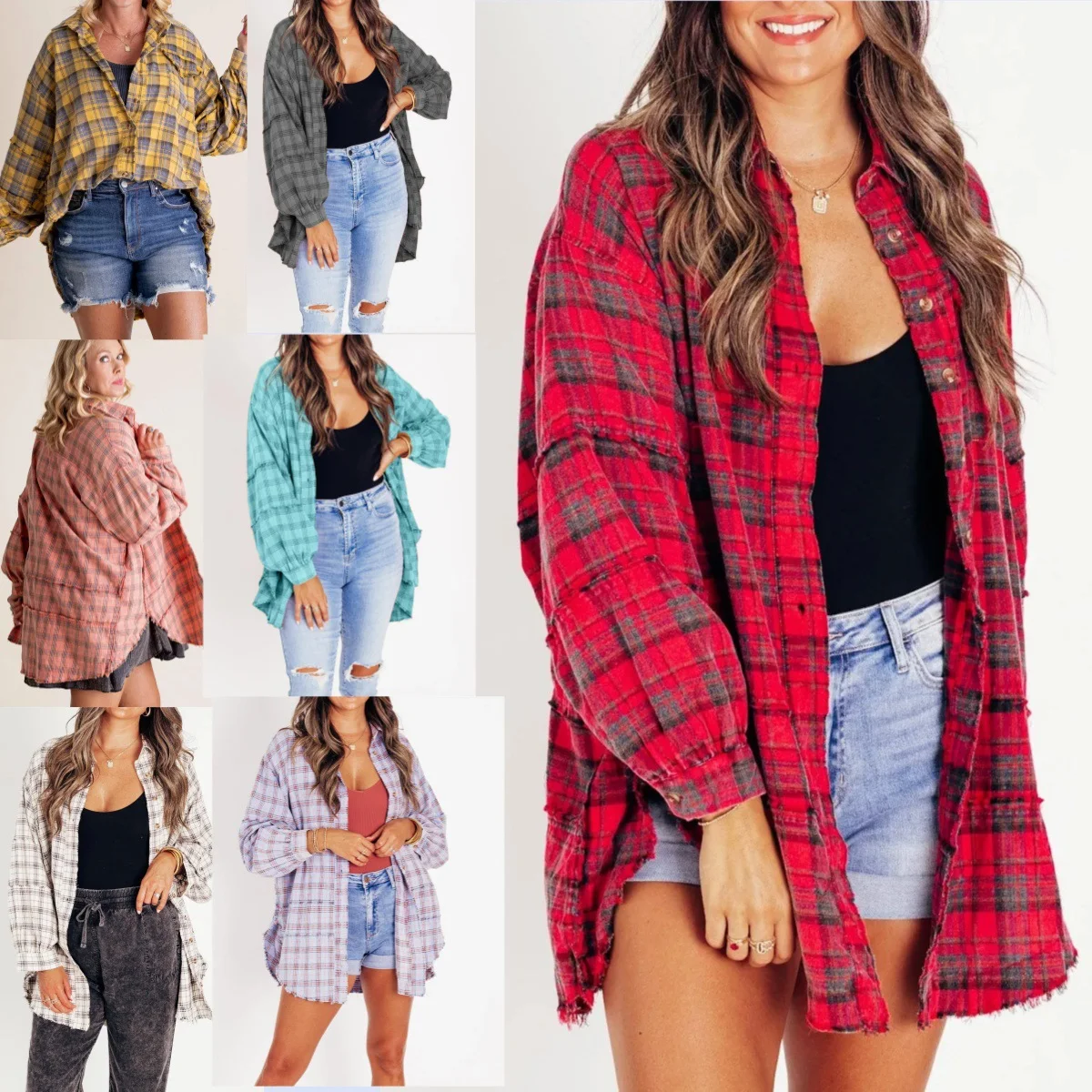 Title 10, Tassel Long Sleeve Top Loose Casual Plaid Shirt...