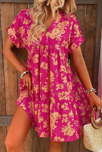Title 2, New Floral Print Short Sleeve Dress Women
