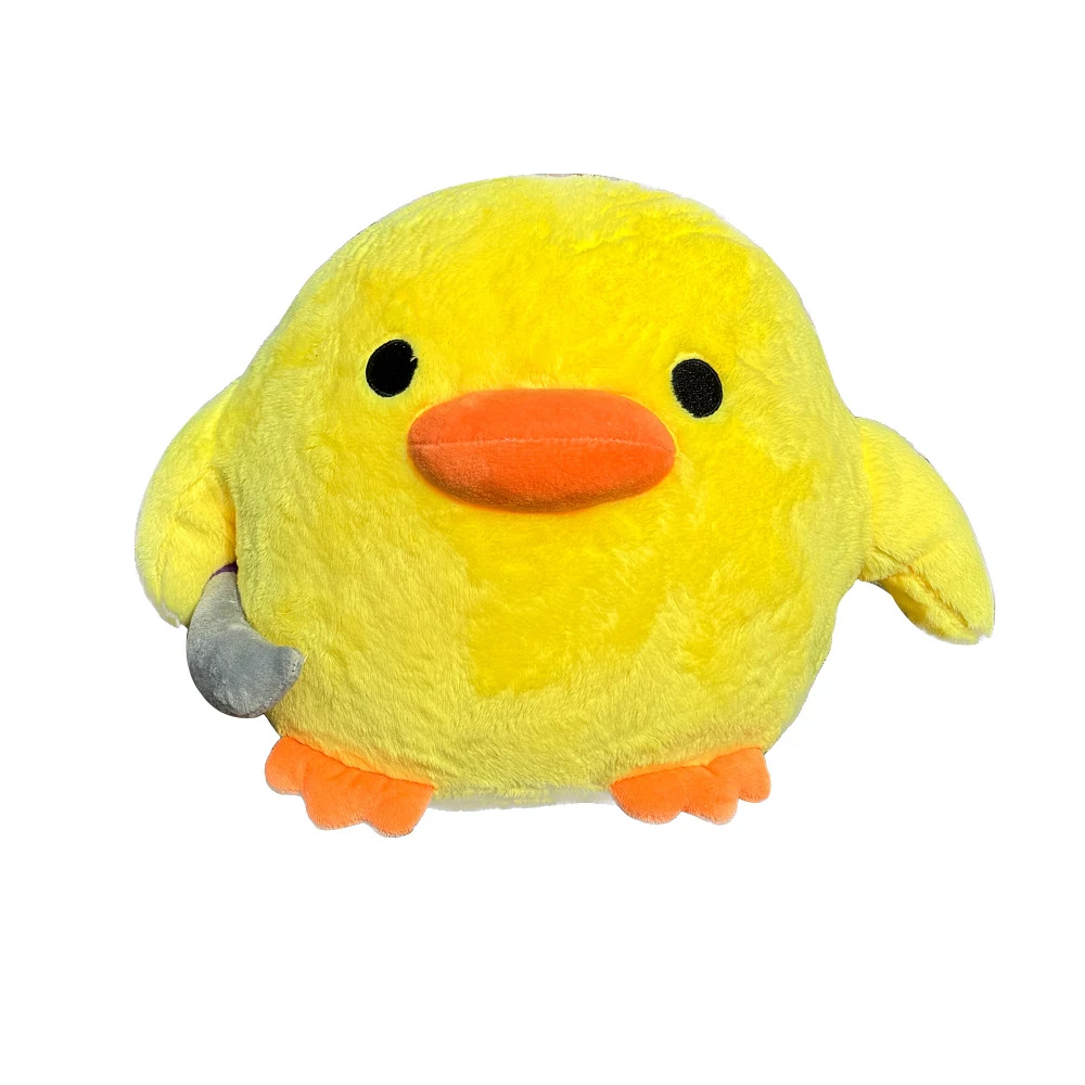 Pelúcia de pato amarelo pequeno e fofo segurando faca, travesseiro e boneco de pelúcia, macio e perfeito para abraçar e decorar. — foto 2