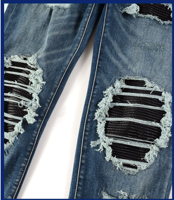 Jean homme plissé, patch genou en cuir PU, coupe slim skinny, déchiré, pour un look tendance et une allure élégante. — photo 5