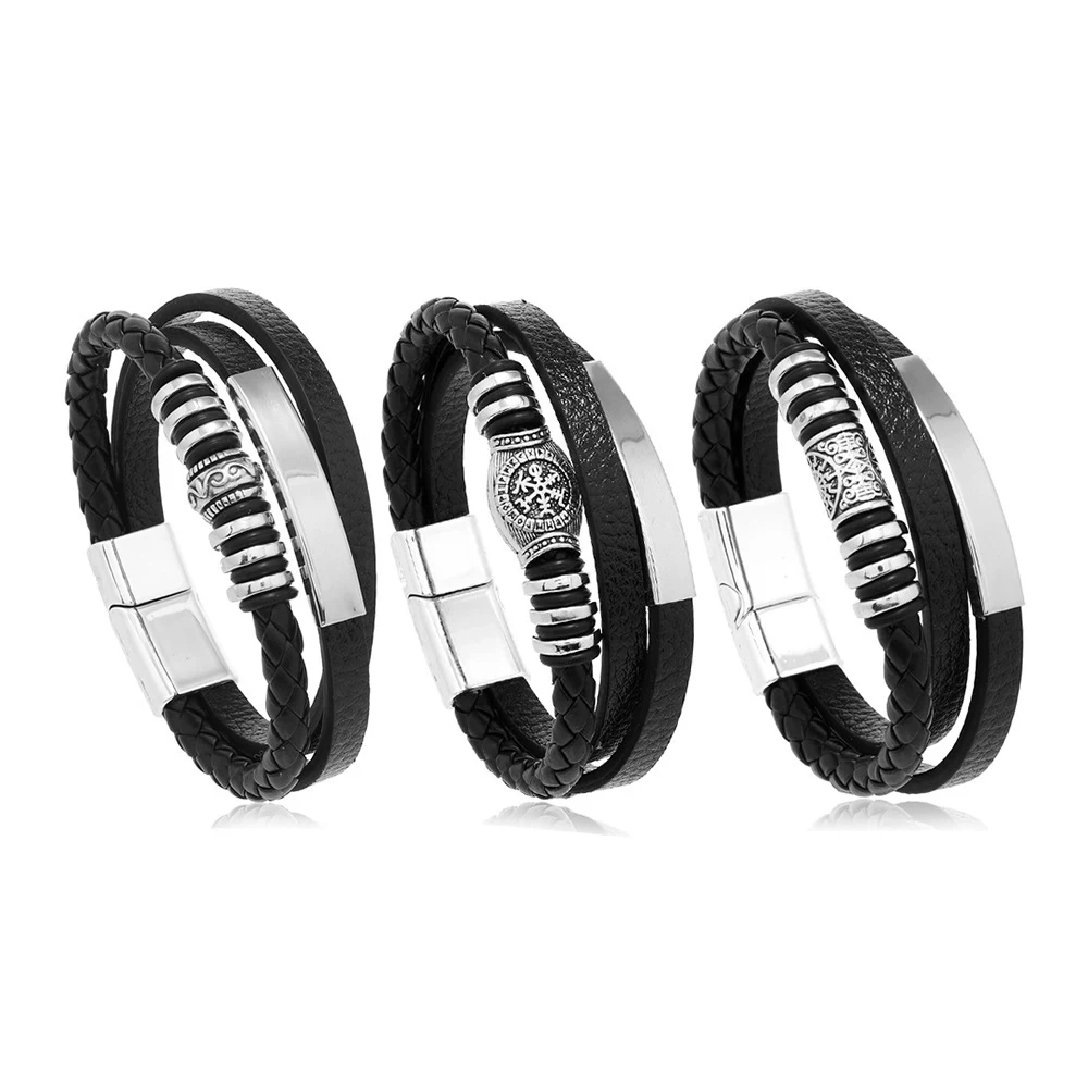 Pulseira masculina de couro com várias camadas trançadas e fivela magnética — foto 13