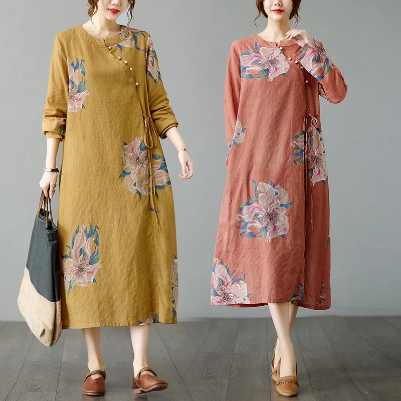 Title 6, Vestido longo Cheongsam de gola estampada, solt...