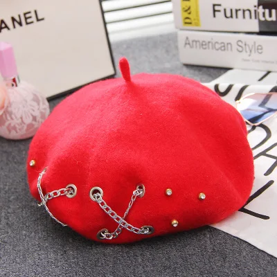 Title 3, Cross Chain Beret Women Autumn Winter Wool Rive...