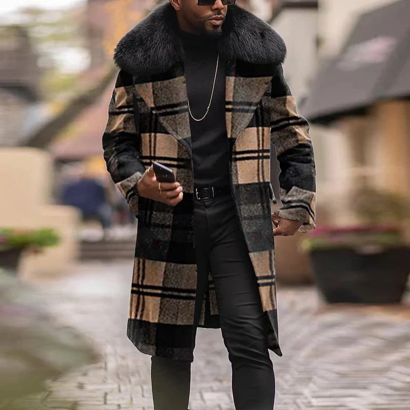 Title 3, Mens Plaid Woolen Slim Fit Mid-length Fur Coll...