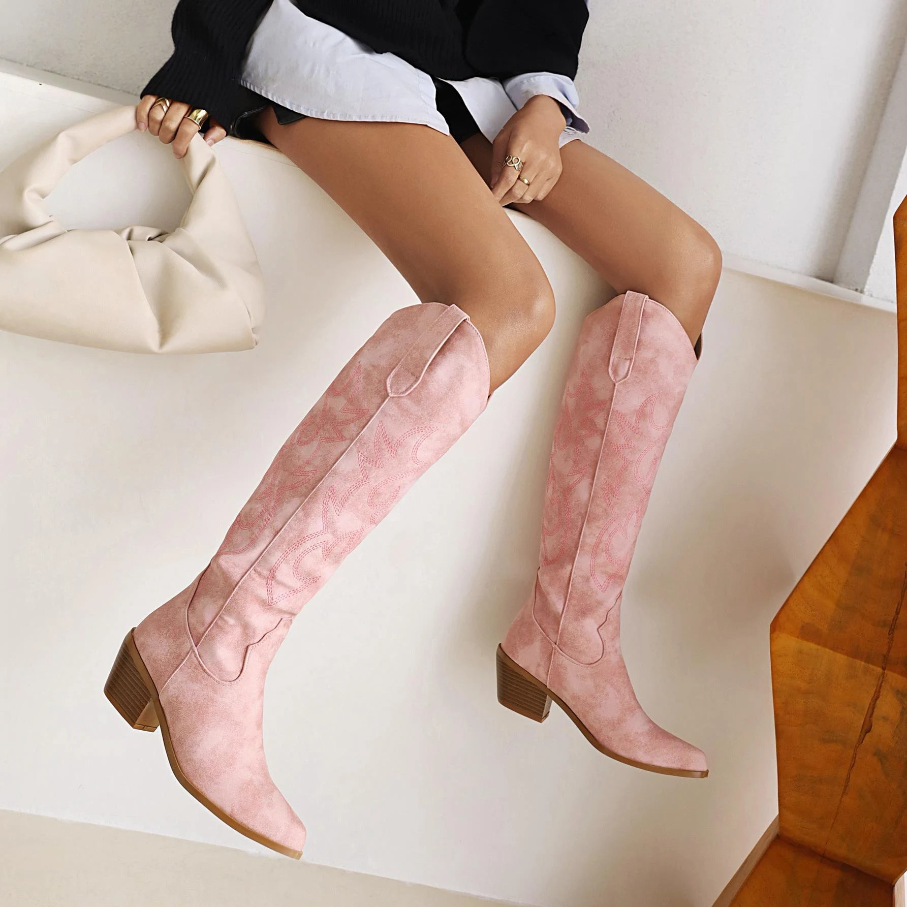 Women's V Cut Western Cowboy Boots High Heel Pointed Toe Knight Boots Below Knee Slim High - Stylish and Comfortable Wes — photo 63