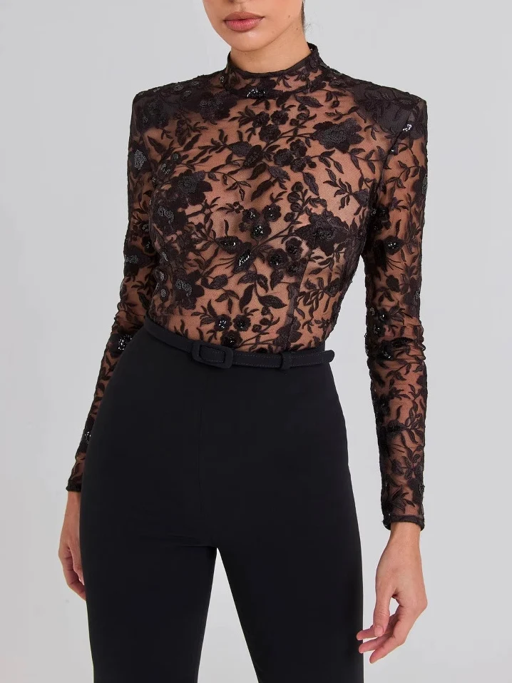 Black see-through lace long-sleeved trousers jumpsuit for a sophisticated and elegant look, perfect for evening events a — photo 6