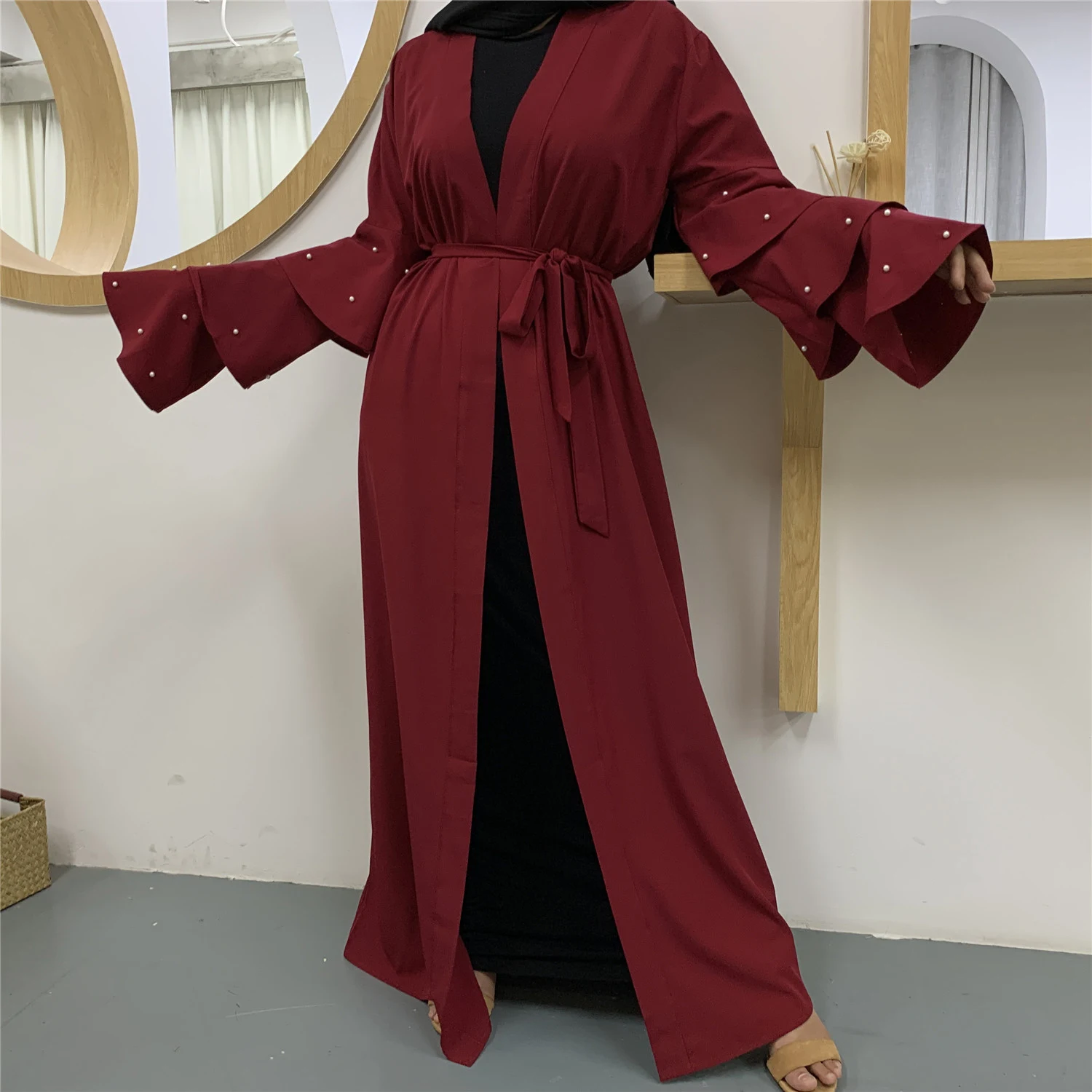 Muslim Fashion Bead Flare Sleeve Tie-neck Cardigan — photo 11